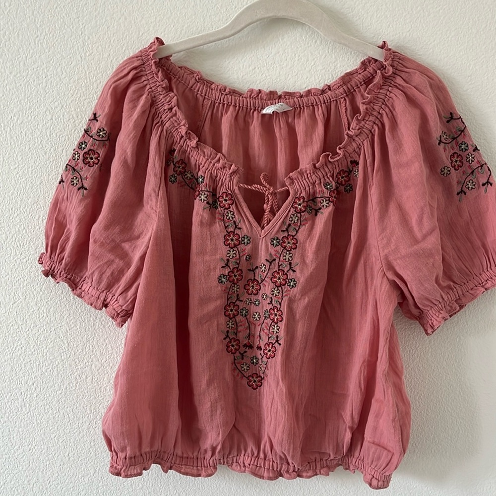 Lucky Brand cotton embroidered top, puff sleeve, Small
